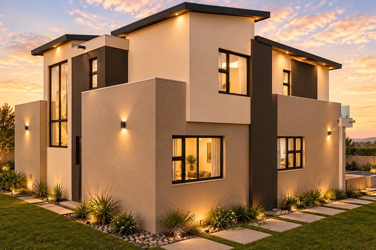 A modern double-story residential home featuring contemporary architectural design, clean lines, integrated exterior lighting, and a well-maintained landscaped garden at sunset.