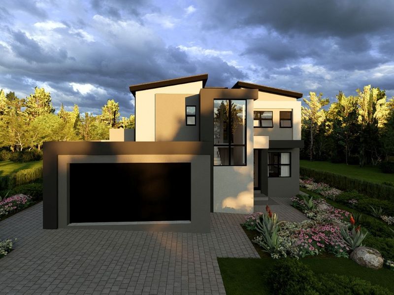 A modern double-story residential home featuring a sleek facade, integrated double garage, and beautifully landscaped front garden.
