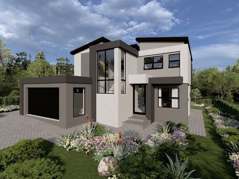 Modern double-storey residential home featuring a contemporary facade, large feature windows, paved driveway, and a well-maintained landscaped garden.