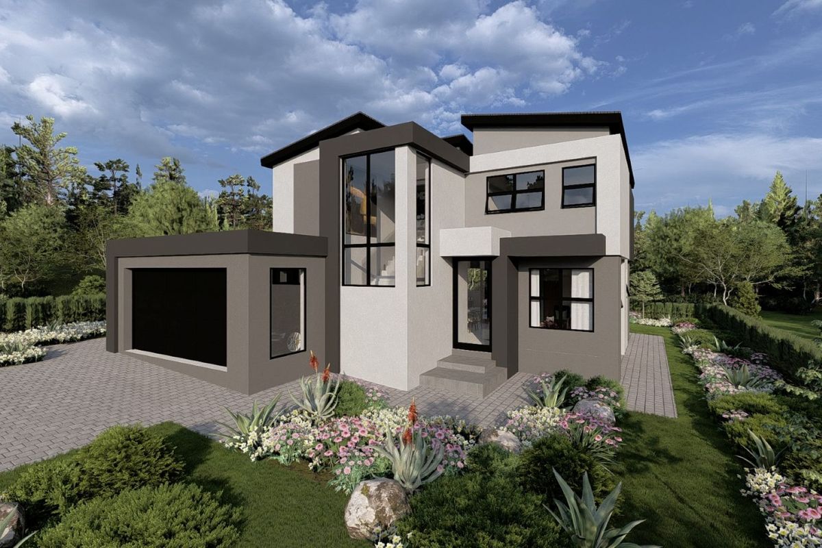Modern double-storey residential home featuring a contemporary facade, large feature windows, paved driveway, and a well-maintained landscaped garden.