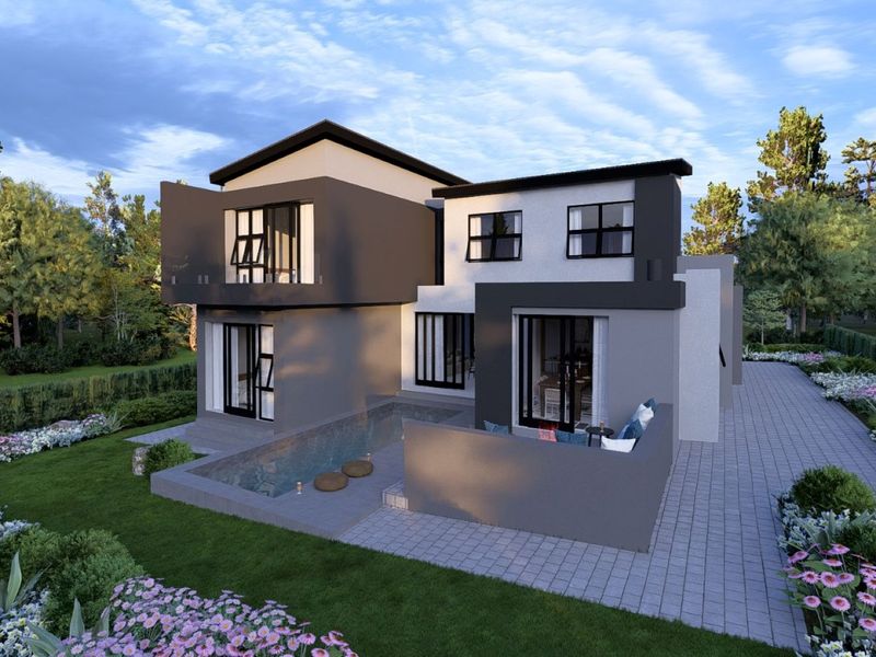 A modern two-story residential property featuring a rear patio, swimming pool, and landscaped garden, showcasing contemporary architectural design and clean exterior finishes.