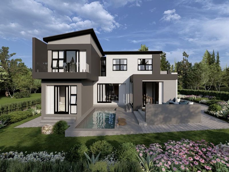 A modern two-story residential exterior featuring a swimming pool, paved patio area, and contemporary architectural design set within a landscaped garden.