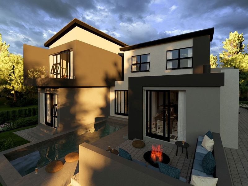 Modern rear exterior view featuring a swimming pool, paved patio area with a built-in fire pit, and a balcony overlooking the landscaped garden.