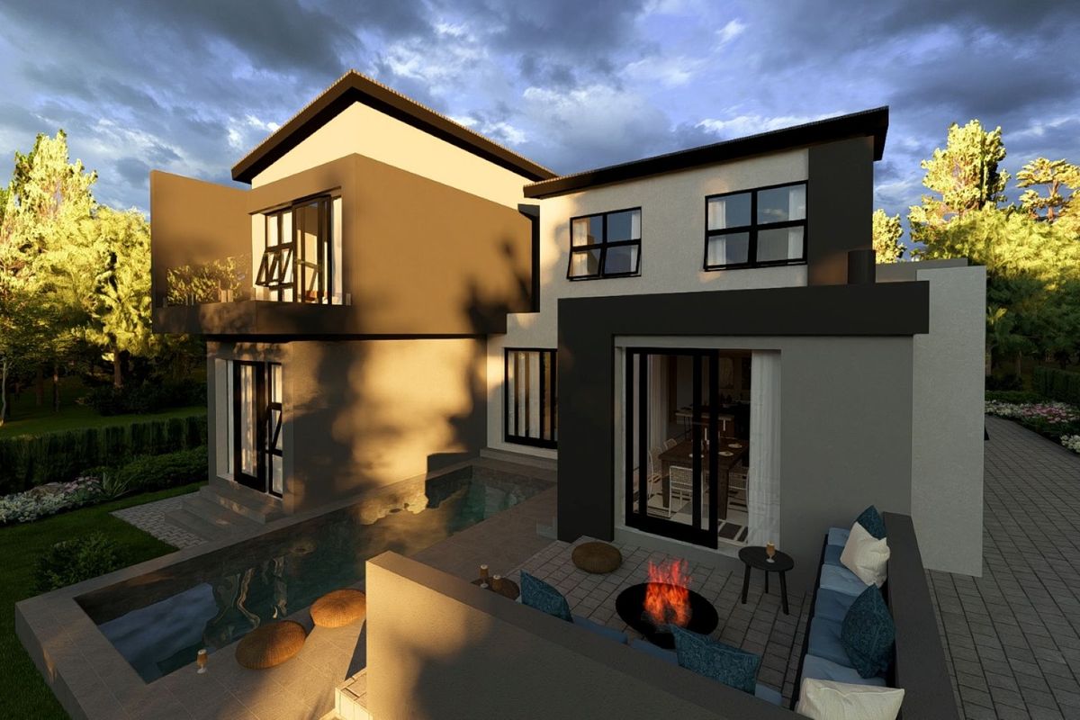 Modern rear exterior view featuring a swimming pool, paved patio area with a built-in fire pit, and a balcony overlooking the landscaped garden.