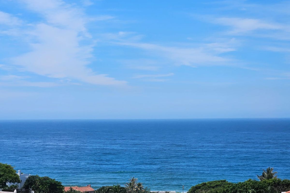 A clear, elevated view of the ocean horizon, showcasing the coastal landscape and surrounding greenery.