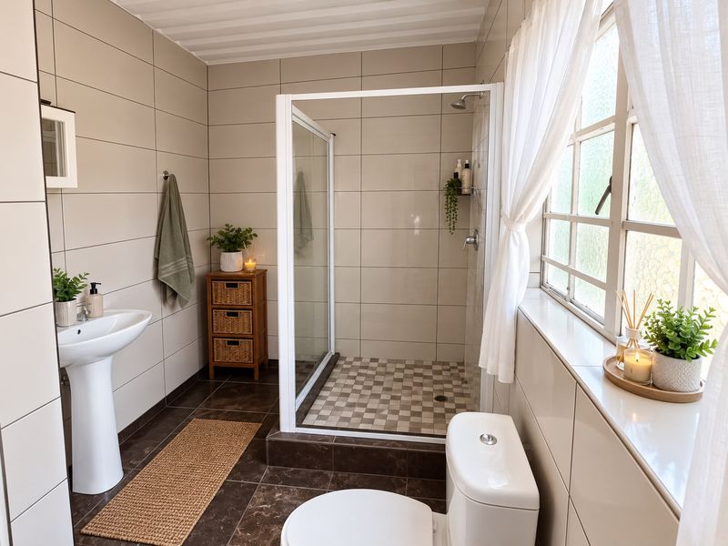 A well-maintained bathroom featuring a pedestal basin, a glass-enclosed shower, and a toilet, finished with neutral wall tiles and dark floor tiles.