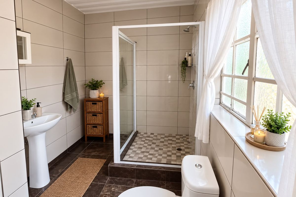 A well-maintained bathroom featuring a pedestal basin, a glass-enclosed shower, and a toilet, finished with neutral wall tiles and dark floor tiles.