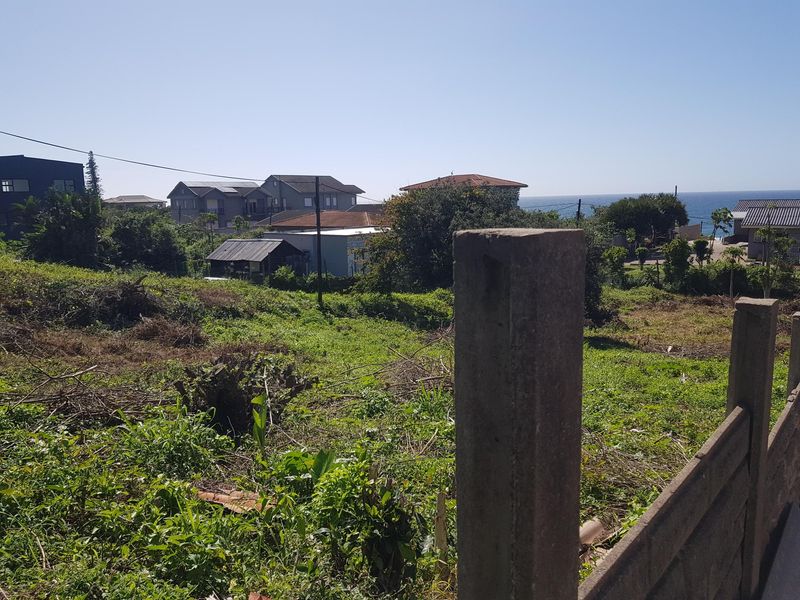 A view of a vacant residential plot featuring natural vegetation, with surrounding neighborhood homes and a distant ocean view.