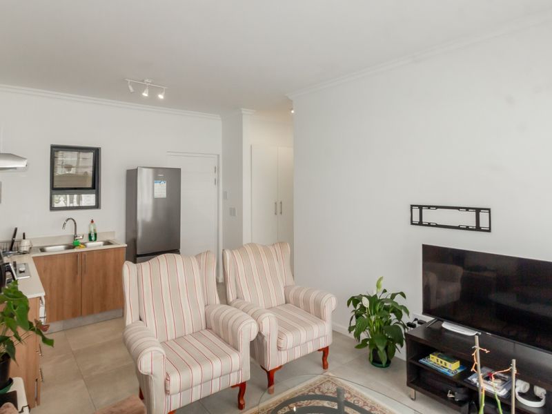 Open-plan living area featuring a compact kitchen with built-in cabinetry, stainless steel sink, and extractor fan, seamlessly flowing into the lounge space.