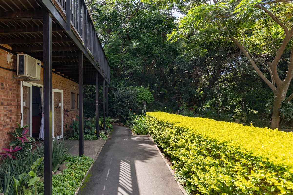 A rear exterior view featuring a brick facade, a covered patio area, and a paved walkway surrounded by mature garden landscaping and hedging.
