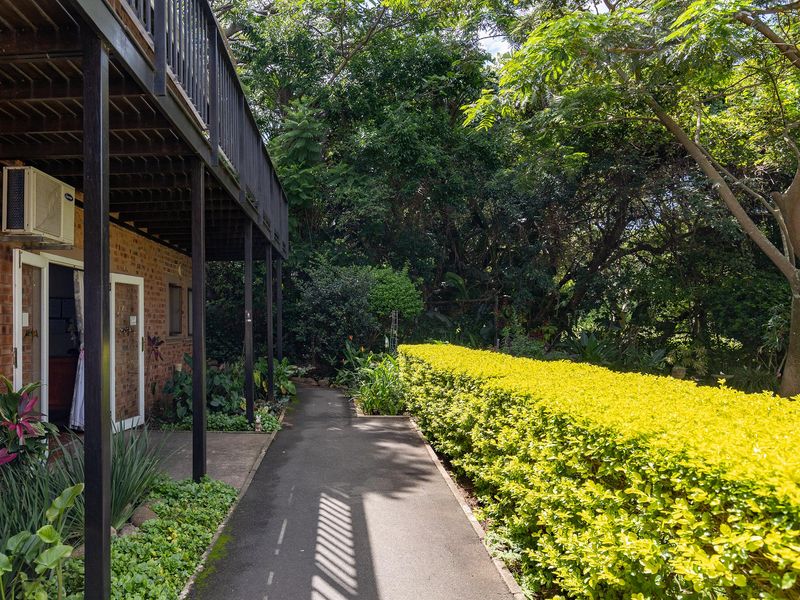 A rear exterior view featuring a brick facade, a covered patio area, and a paved walkway surrounded by mature garden landscaping and hedging.