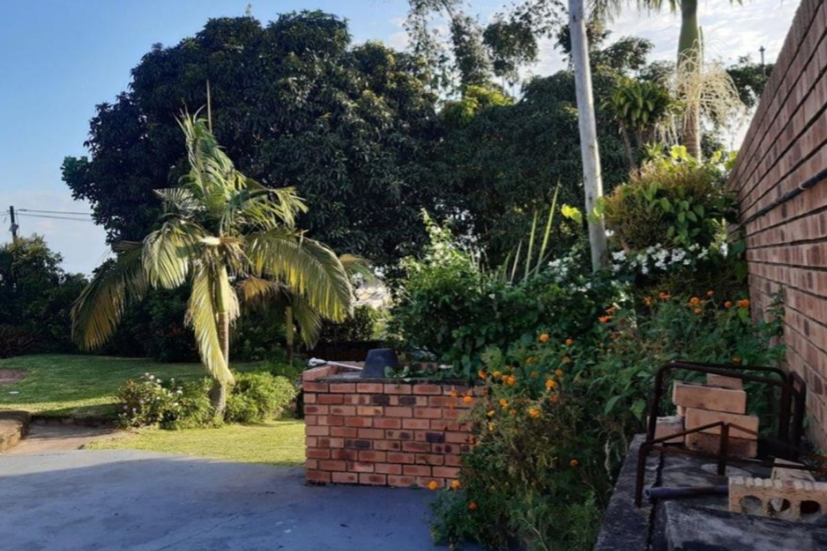 A rear garden area featuring a built-in brick braai or barbecue structure, established landscaping, and a concrete patio surface.