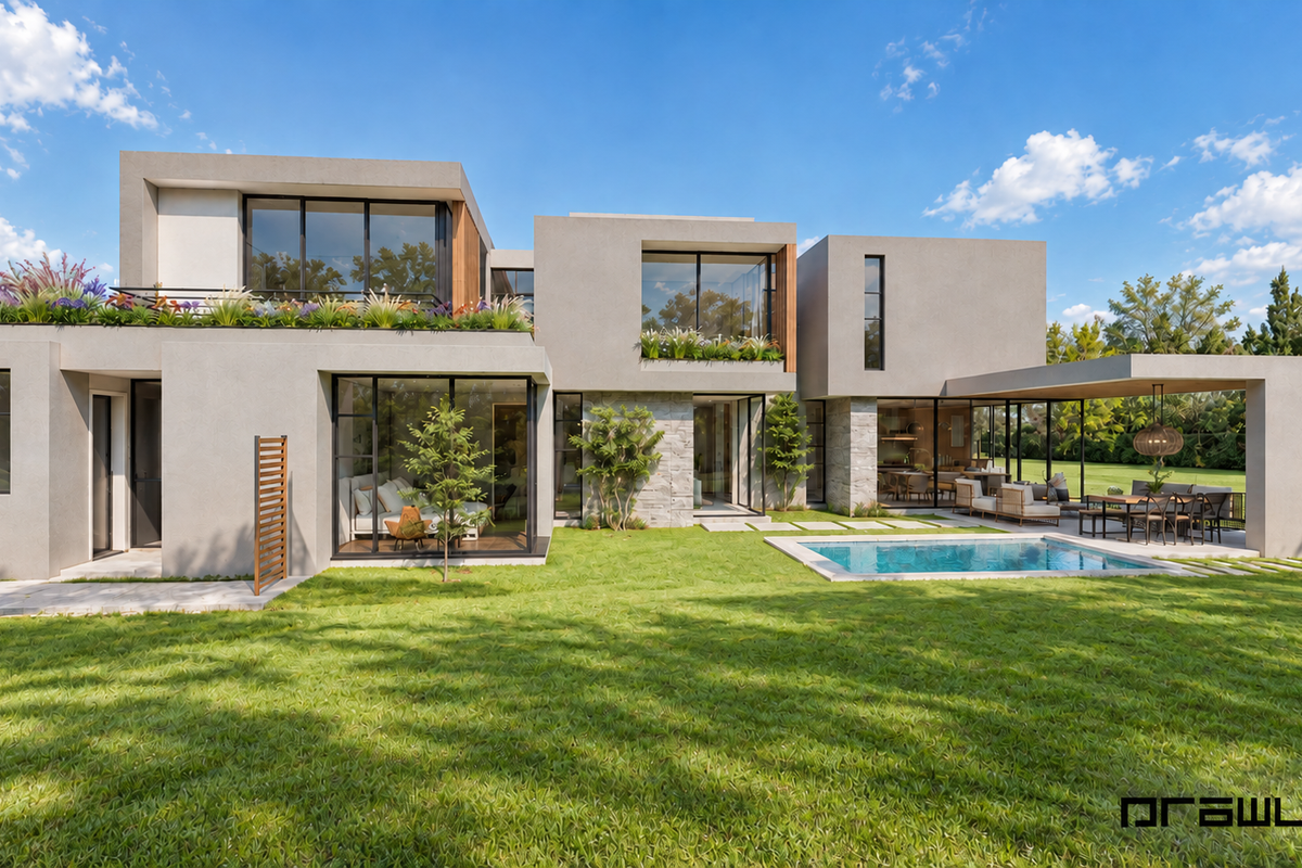 Modern architectural rear elevation featuring a swimming pool, covered patio, expansive glass windows, and a landscaped garden.