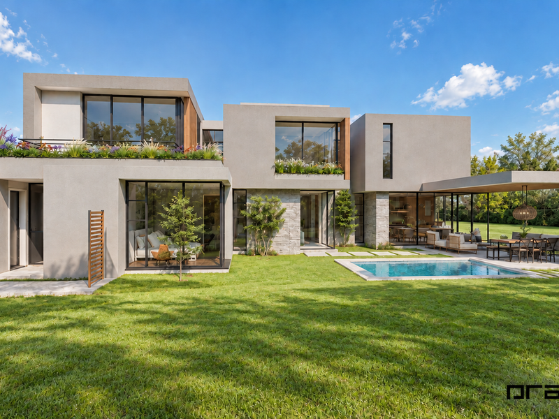 Modern architectural rear elevation featuring a swimming pool, covered patio, expansive glass windows, and a landscaped garden.
