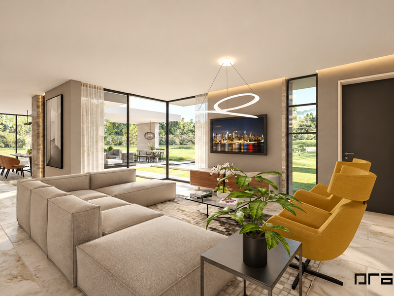Spacious open-plan living area featuring large format floor tiles, modern cove lighting, and expansive floor-to-ceiling glass doors opening to a landscaped garden.