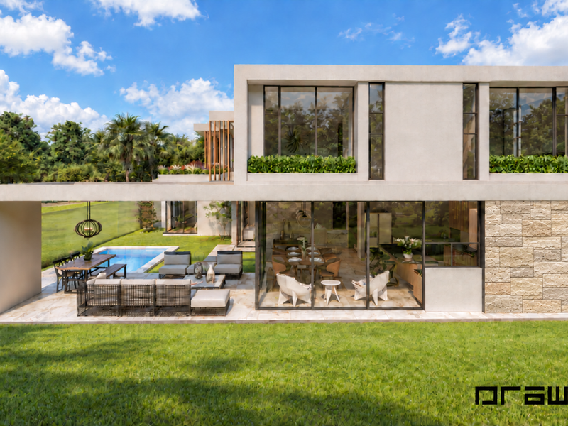 Modern rear elevation featuring a covered patio, swimming pool, and expansive glass sliding doors opening to a landscaped garden.