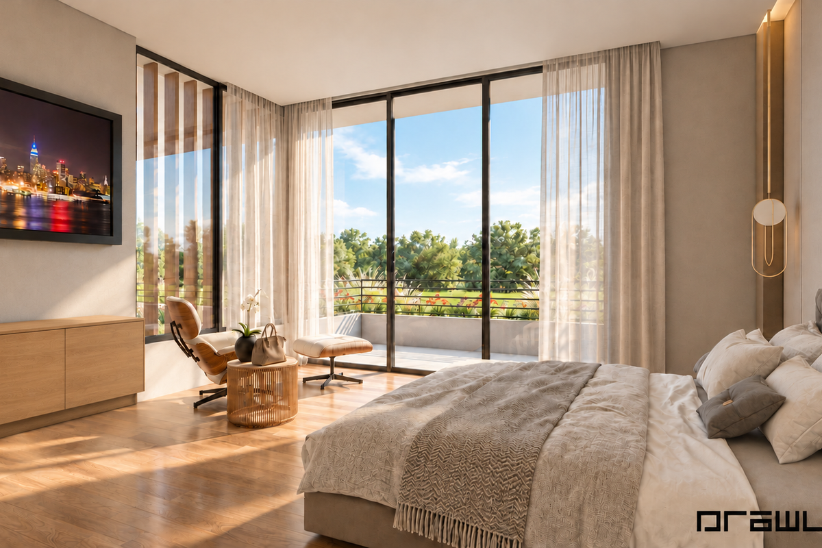 A modern, well-lit bedroom featuring hardwood floors, built-in cabinetry, and large sliding glass doors that open onto a private balcony with scenic views.