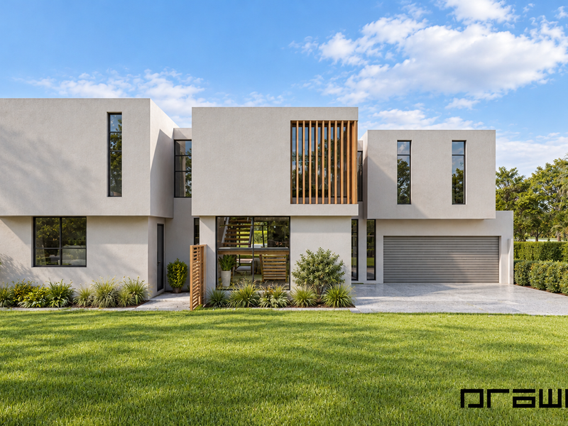 A modern double-story cluster home featuring a clean architectural facade, integrated garage, timber detailing, and a well-maintained front garden.