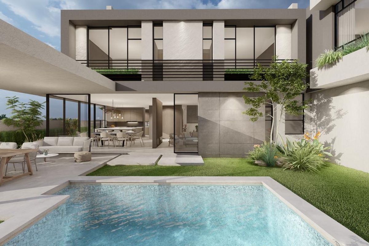 Modern double-story cluster home featuring a swimming pool, landscaped garden, and a spacious covered patio with seamless indoor-outdoor flow.