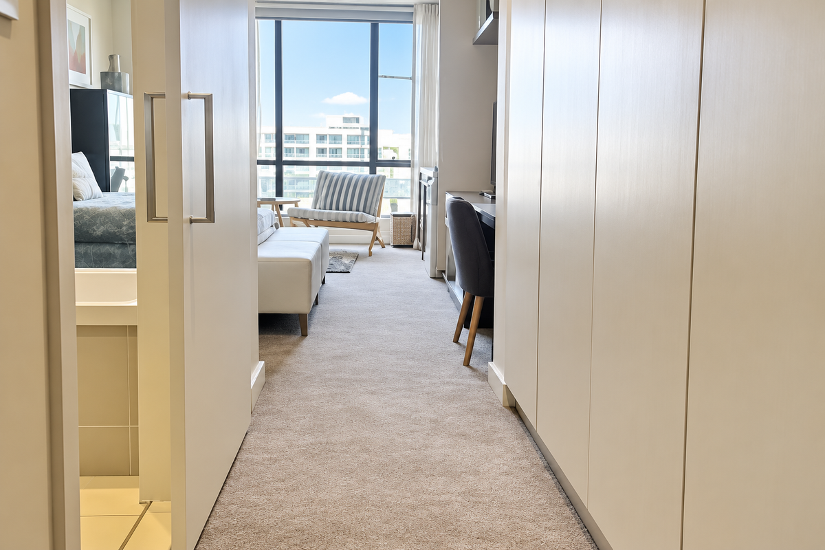 A well-lit bedroom featuring built-in cupboards, carpeted flooring, and large floor-to-ceiling windows offering natural light and a view.