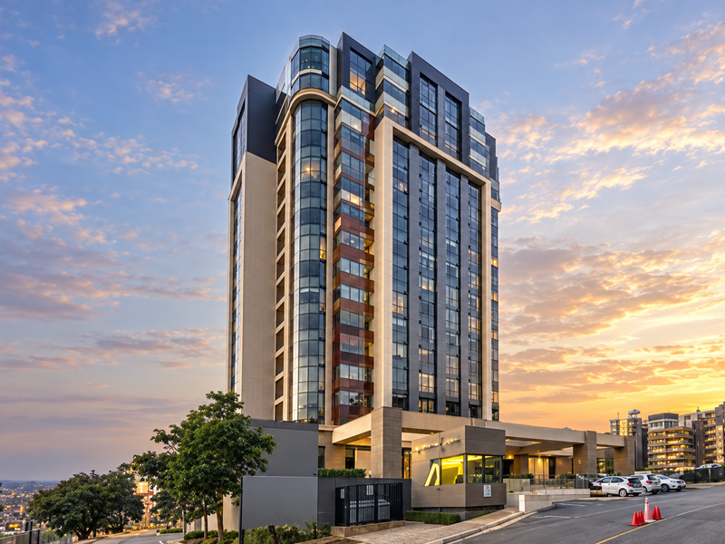 A striking modern high-rise apartment building featuring a contemporary glass and stone facade, captured during a vibrant sunset.