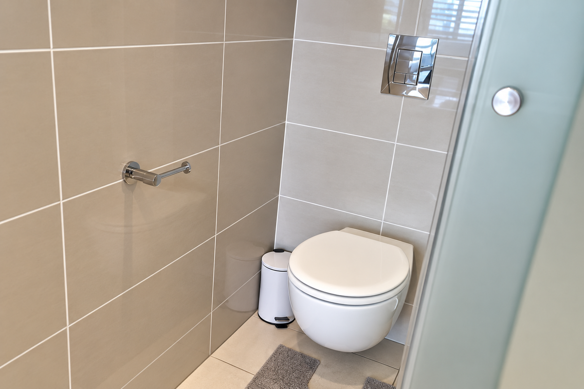 A modern bathroom featuring a wall-mounted toilet with a concealed cistern and neutral-toned ceramic wall tiling.
