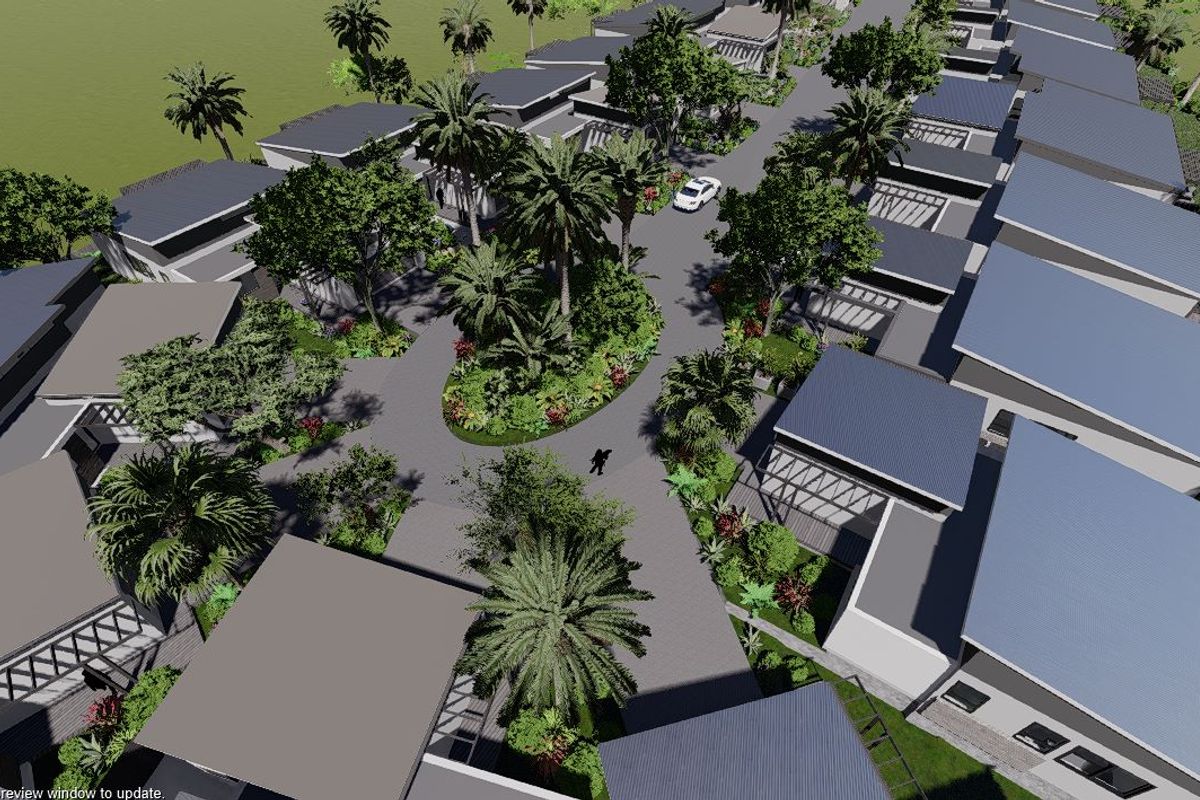 An aerial 3D render showing the layout of a townhouse complex with paved driveways, landscaped gardens, and modern residential units.