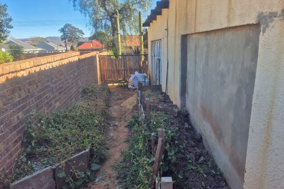 A narrow side yard area featuring a brick boundary wall, exposed exterior wall finish, and an unmaintained garden space requiring landscaping.