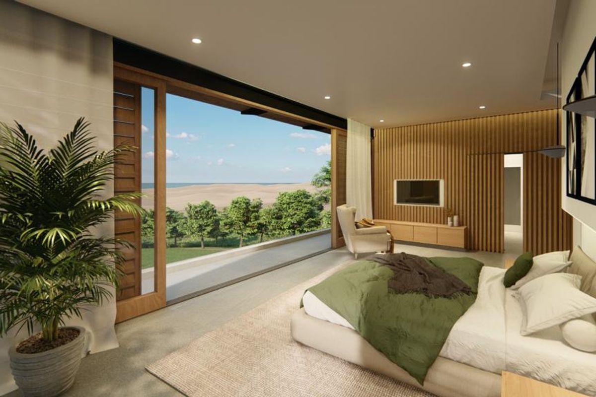 A modern bedroom featuring floor-to-ceiling sliding glass doors that open to a scenic landscape view, complemented by elegant timber slat wall paneling.
