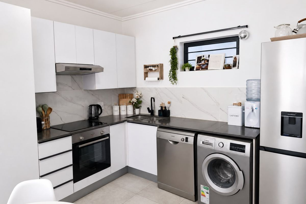 Modern kitchen featuring white cabinetry, marble-look backsplash, dark stone countertops, and integrated appliances including an oven, hob, and extractor fan.