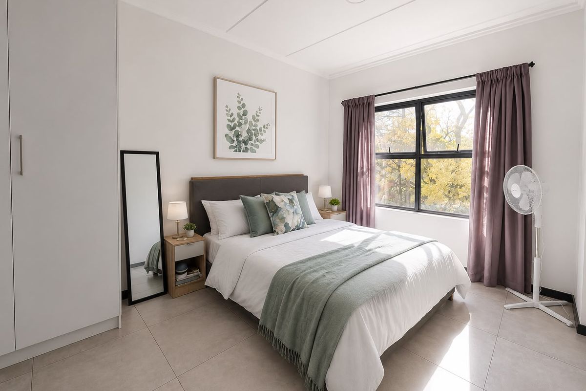A bright and well-maintained bedroom featuring neutral tiled flooring, a built-in wardrobe, and large windows with natural light.