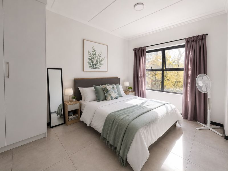 A bright and well-maintained bedroom featuring neutral tiled flooring, a built-in wardrobe, and large windows with natural light.