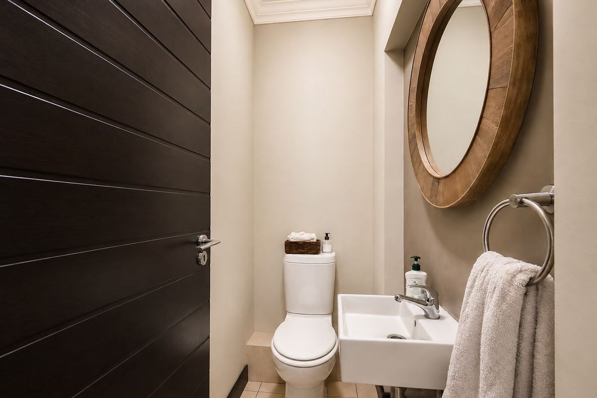 A modern, well-maintained guest cloakroom featuring a wall-mounted basin, chrome fixtures, and a sleek dark timber door.
