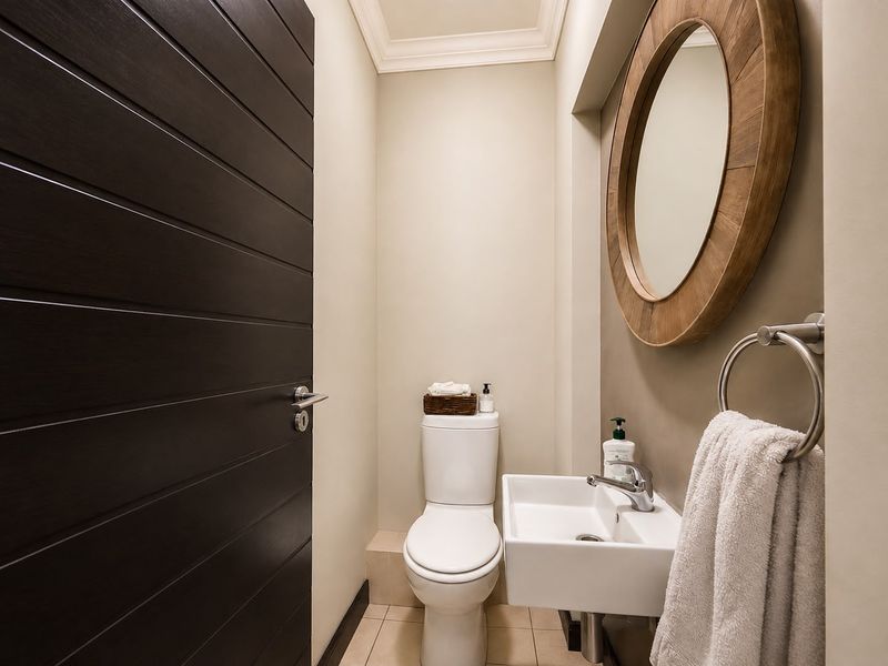A modern, well-maintained guest cloakroom featuring a wall-mounted basin, chrome fixtures, and a sleek dark timber door.