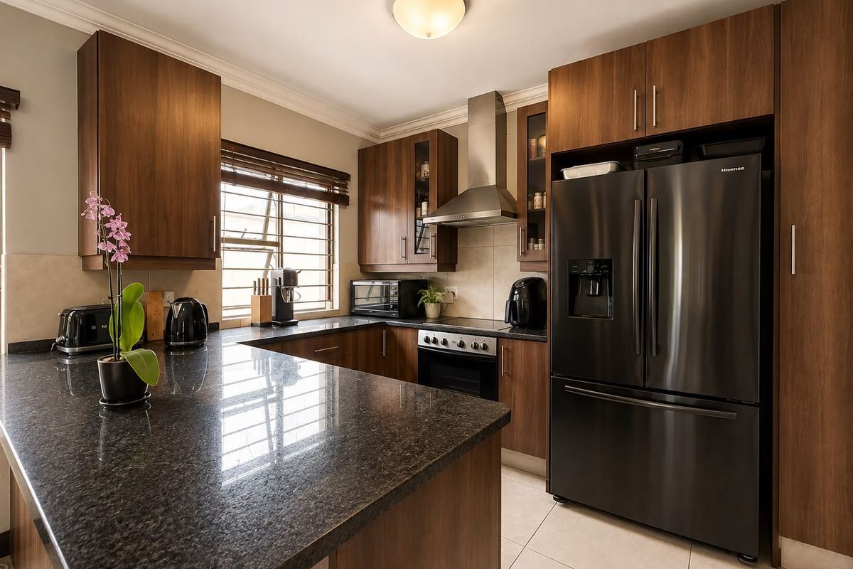 A well-maintained kitchen featuring dark wood cabinetry, granite countertops, stainless steel extractor fan, and built-in oven with neutral tile flooring.