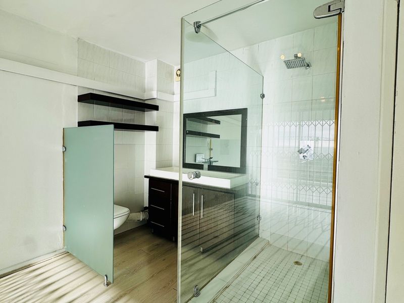 Modern bathroom featuring a glass-enclosed shower, vanity cabinet with mirror, and a frosted glass privacy screen for the toilet area.