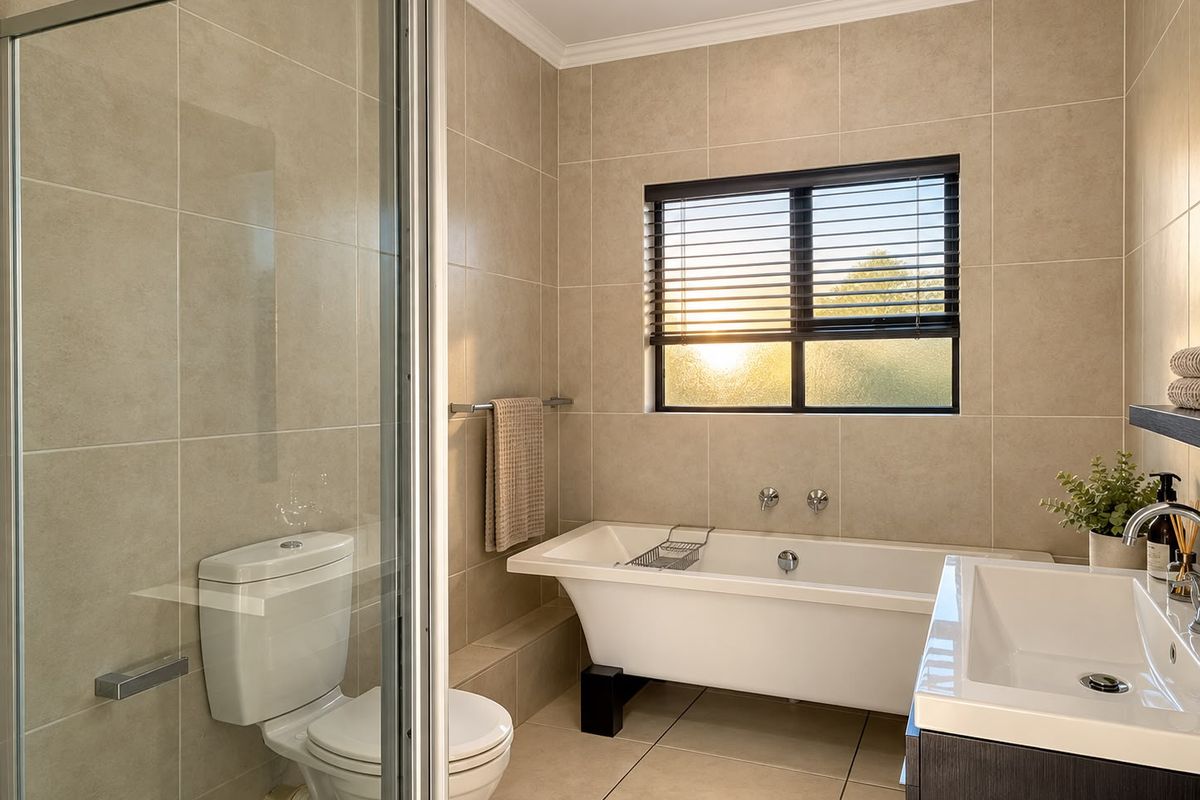 Modern bathroom featuring a freestanding bathtub, glass-enclosed shower, wall-mounted toilet, and a sleek vanity basin with neutral floor-to-ceiling tiling.