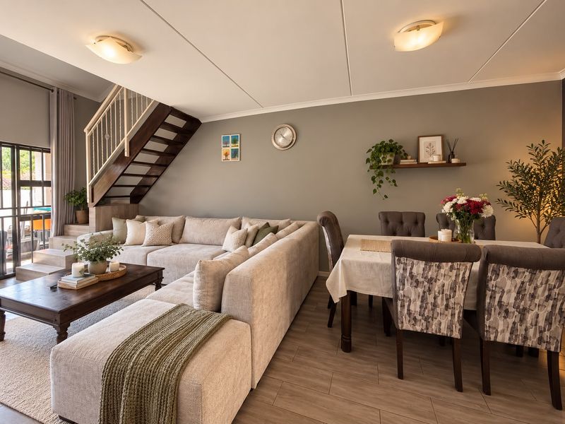 An open-plan living and dining area featuring tiled flooring, a staircase with a wooden handrail, and access to an outdoor patio through sliding glass doors.