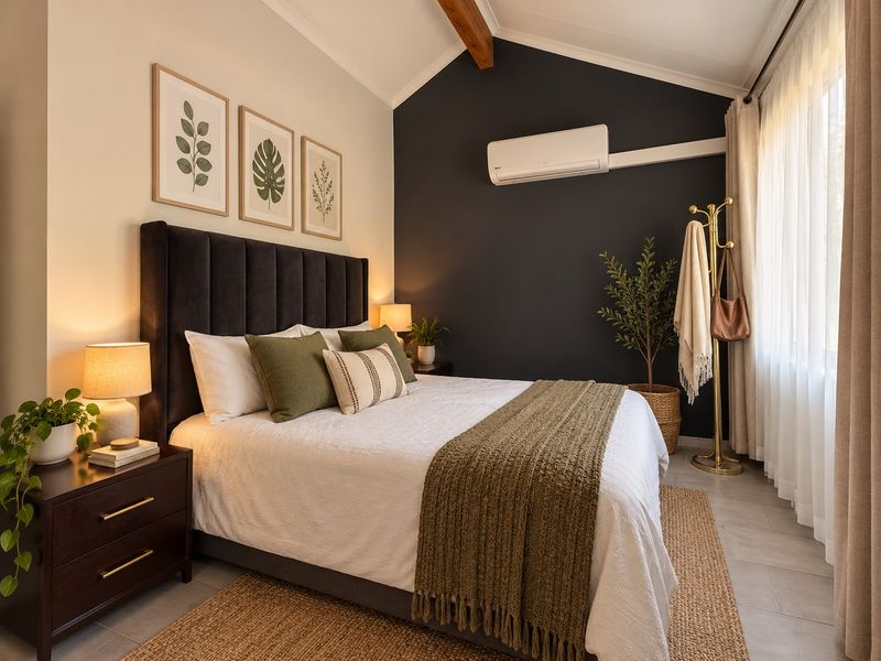 A well-appointed bedroom featuring a vaulted ceiling with an exposed timber beam, dark accent wall, and a wall-mounted split-system air conditioner.
