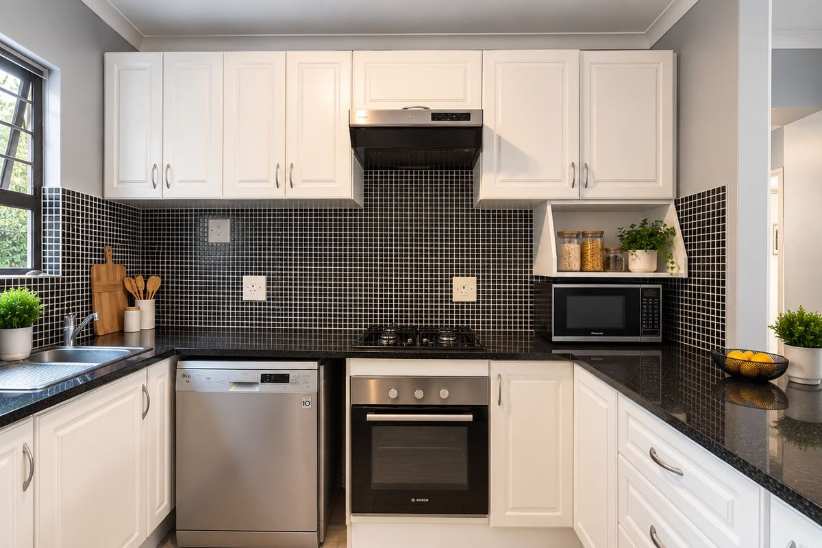 A well-maintained kitchen featuring white cabinetry, black granite countertops, a mosaic tile backsplash, and integrated stainless steel appliances.