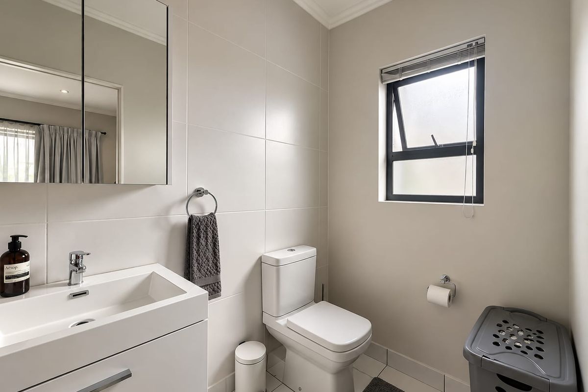 A modern, well-maintained bathroom featuring a sleek vanity with basin, mirrored cabinet, and a clean, neutral tiled finish throughout.