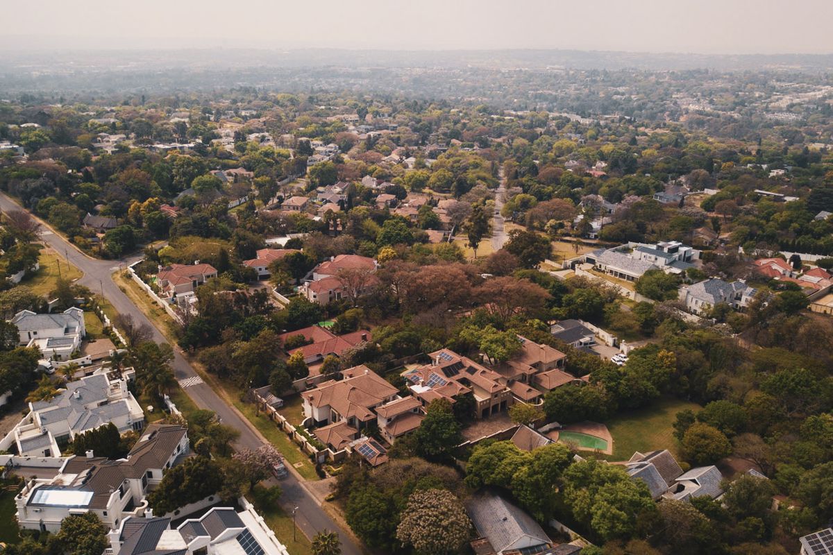 An elevated aerial view of a lush, established residential neighborhood featuring mature trees, paved streets, and various suburban homes with swimming pools.