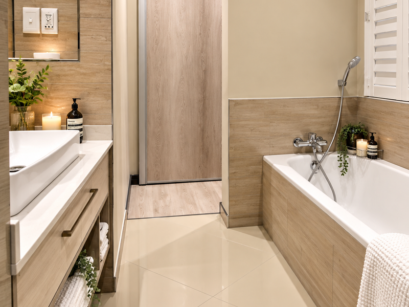 Modern bathroom featuring a vessel sink vanity, built-in bathtub with shower mixer, wood-look tiling, and plantation shutters.