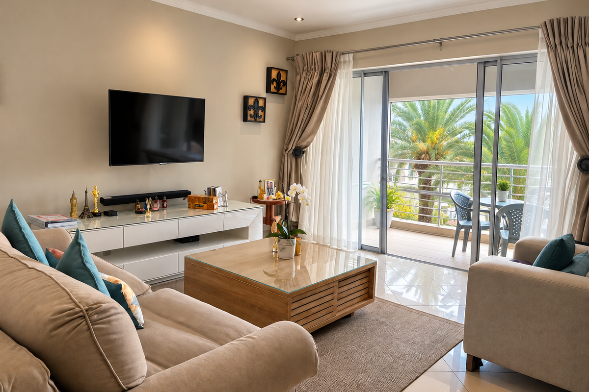 A bright and well-maintained living room featuring tiled floors, recessed lighting, and large sliding glass doors providing access to a private balcony.