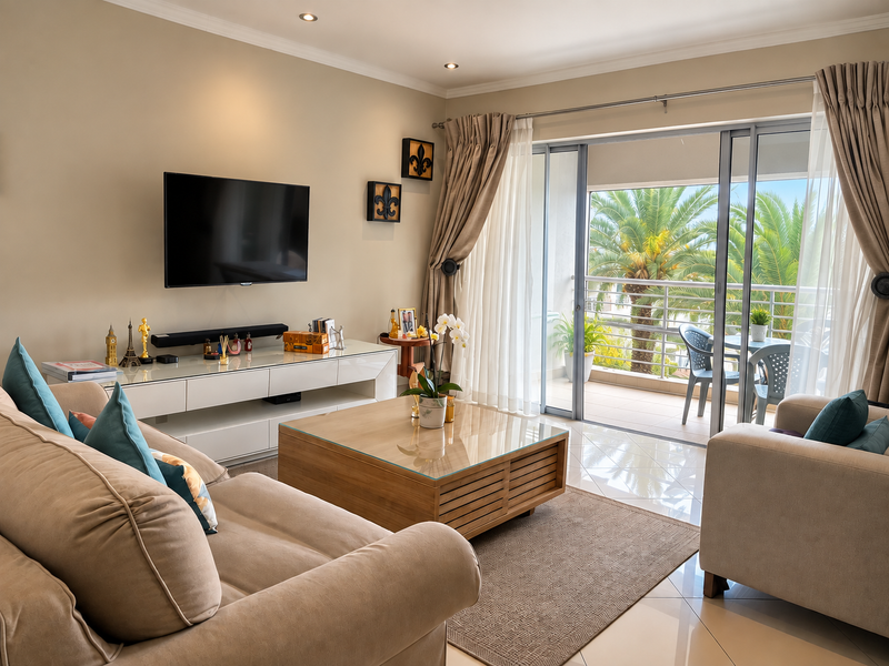 A bright and well-maintained living room featuring tiled floors, recessed lighting, and large sliding glass doors providing access to a private balcony.