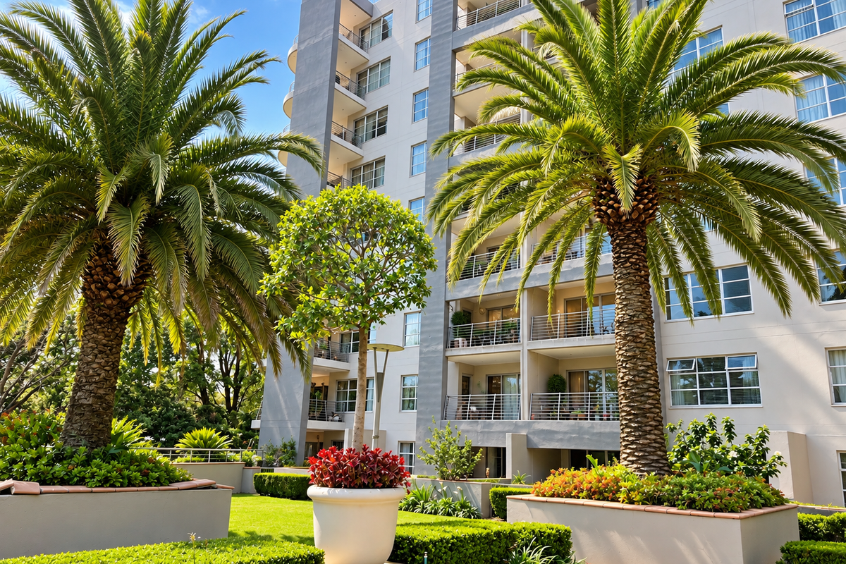 A well-maintained apartment building exterior featuring landscaped gardens, mature palm trees, and private balconies with metal railings.