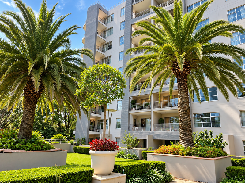 A well-maintained apartment building exterior featuring landscaped gardens, mature palm trees, and private balconies with metal railings.