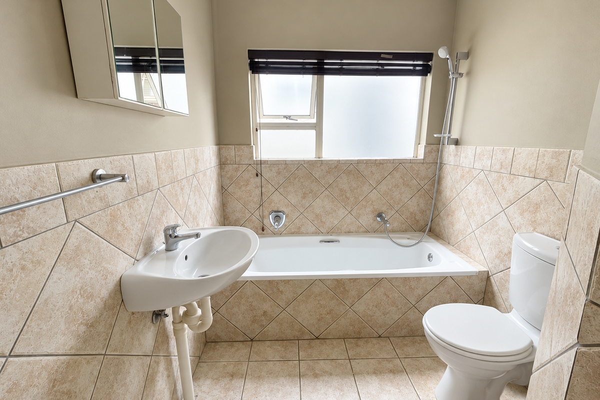 A functional bathroom featuring a bathtub with handheld shower mixer, wall-mounted basin, and toilet, finished with neutral wall tiles.