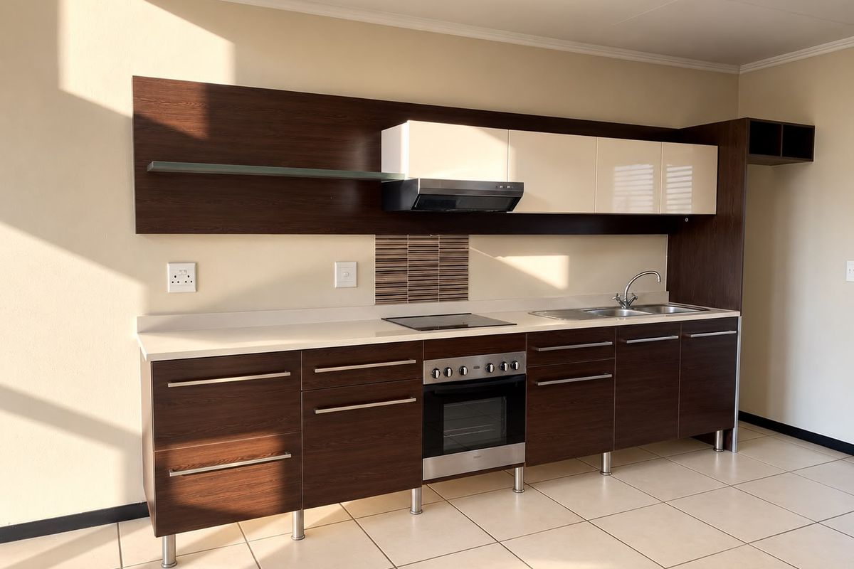 A modern, clean kitchen featuring dark wood-grain cabinetry, light countertops, integrated oven and hob, and neutral tiled flooring in an open-plan layout.