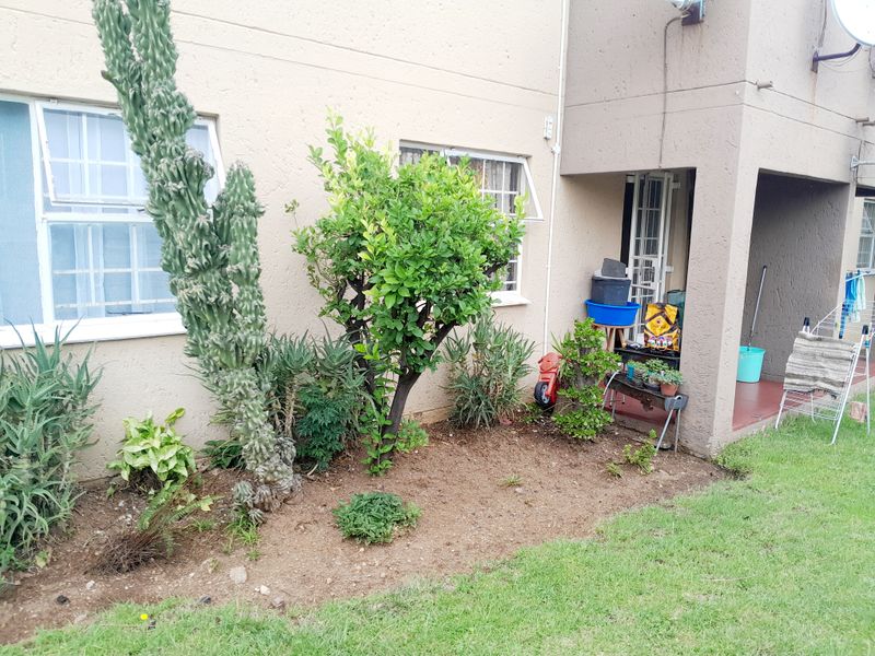 Rear exterior view of the townhouse featuring a small garden area, lawn, and covered patio entrance with security bars on the windows.